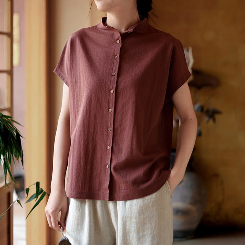 Camicia da donna in cotone a maniche corte con colletto rialzato, design vintage con bottoni Buddha Stones - image 2