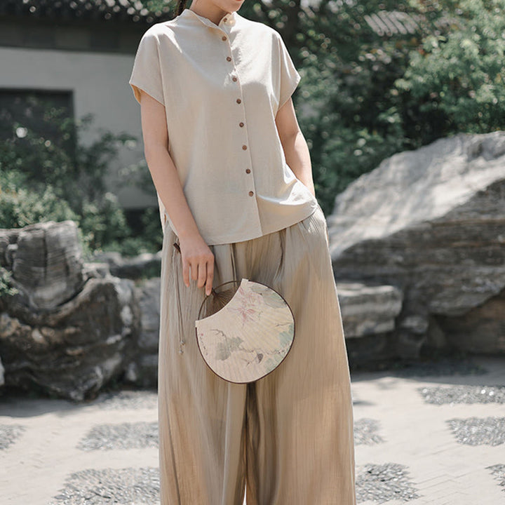 Camicia da donna in cotone a maniche corte con colletto rialzato, design vintage con bottoni Buddha Stones - image 15