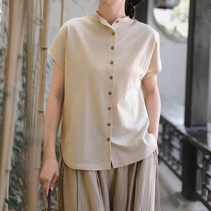 Camicia da donna in cotone a maniche corte con colletto rialzato, design vintage con bottoni Buddha Stones - image 9