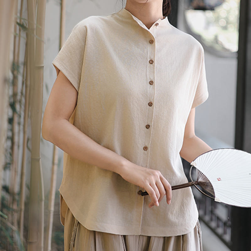 Camicia da donna in cotone a maniche corte con colletto rialzato, design vintage con bottoni Buddha Stones - Biancheria - US8-10, UK/AU12-14, EU40-42 (2XL) - image 9