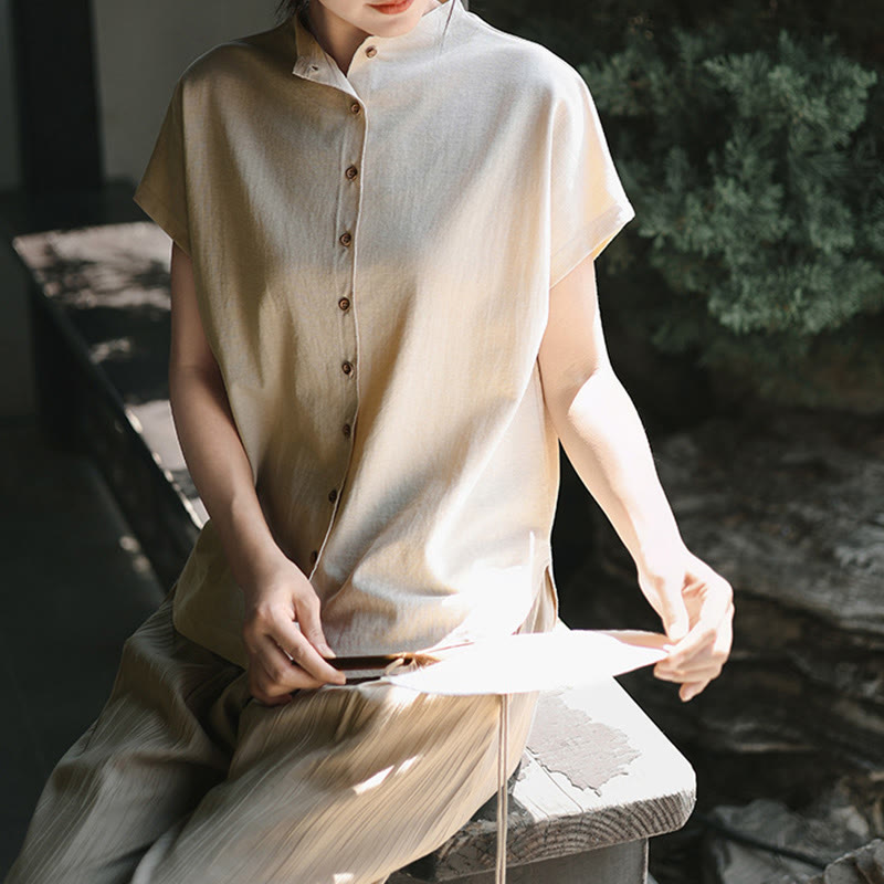 Camicia da donna in cotone a maniche corte con colletto rialzato, design vintage con bottoni Buddha Stones - image 11