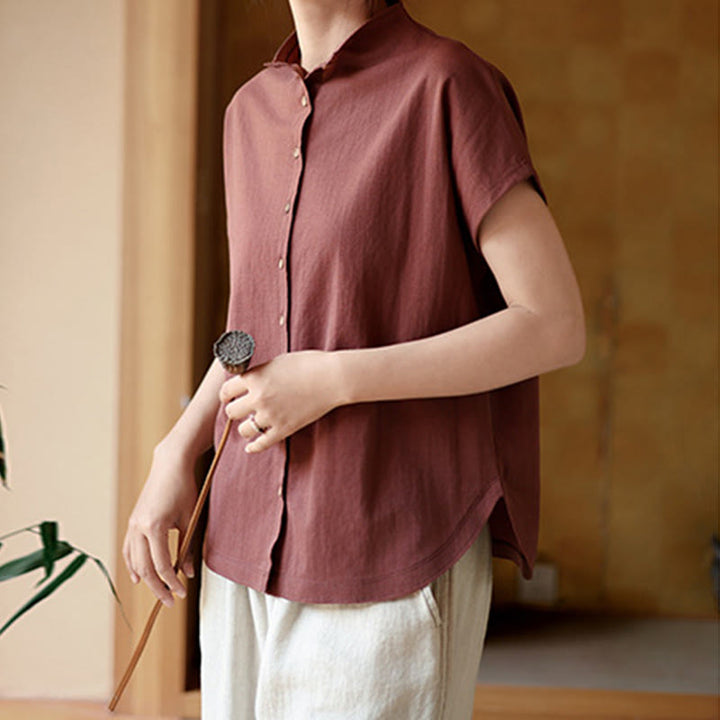 Camicia da donna in cotone a maniche corte con colletto rialzato, design vintage con bottoni Buddha Stones - image 5