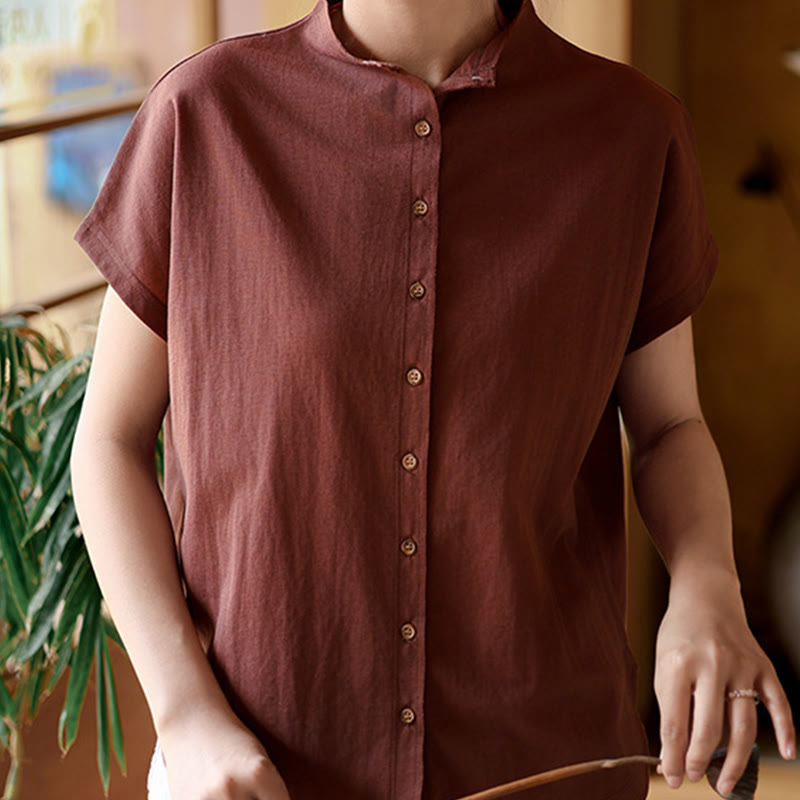 Camicia da donna in cotone a maniche corte con colletto rialzato, design vintage con bottoni Buddha Stones - Marrone - US8-10, UK/AU12-14, EU40-42 (2XL) - image 1