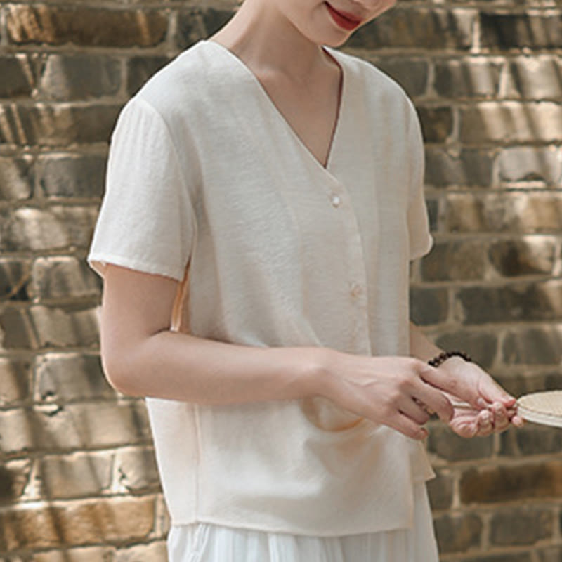 Camicia da donna a maniche corte in cotone e lino con scollo a V, motivo irregolare con bottoni Buddha Stones - image 17