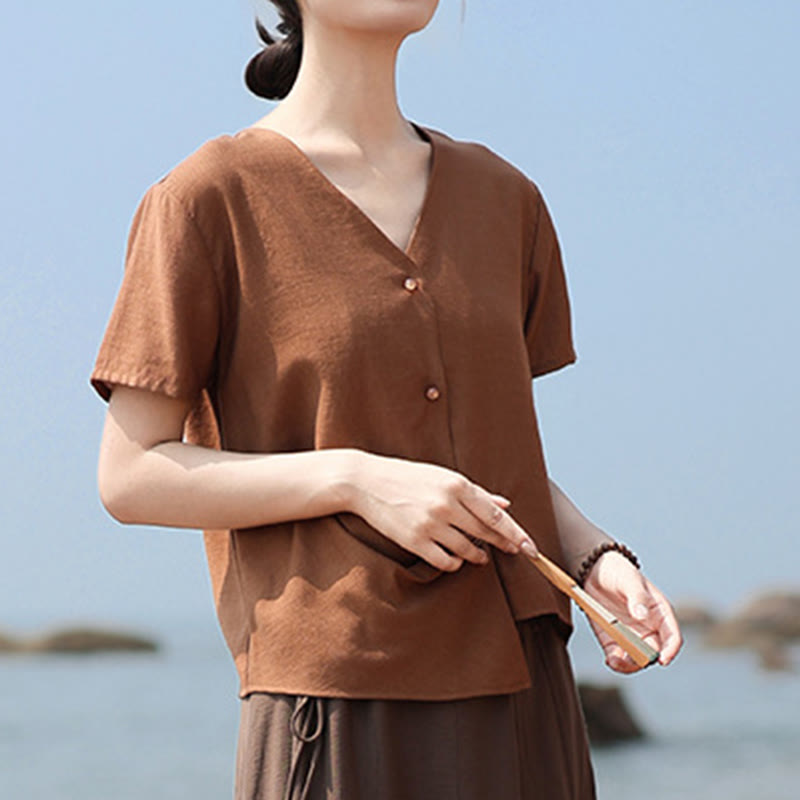 Camicia da donna a maniche corte in cotone e lino con scollo a V, motivo irregolare con bottoni Buddha Stones - Cioccolato - US8-10, UK/AU12-14, EU40-42 (2XL) - image 1