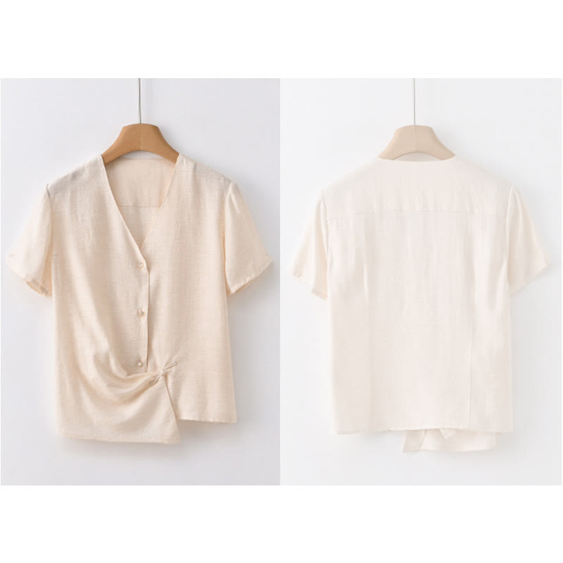 Camicia da donna a maniche corte in cotone e lino con scollo a V, motivo irregolare con bottoni Buddha Stones - image 19