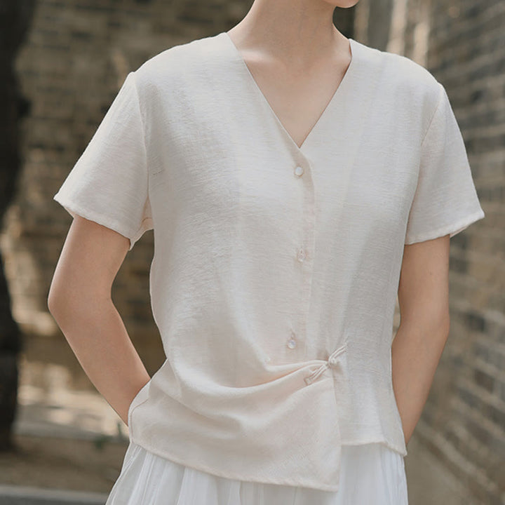 Camicia da donna a maniche corte in cotone e lino con scollo a V, motivo irregolare con bottoni Buddha Stones - image 14