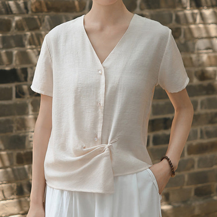 Camicia da donna a maniche corte in cotone e lino con scollo a V, motivo irregolare con bottoni Buddha Stones - image 15