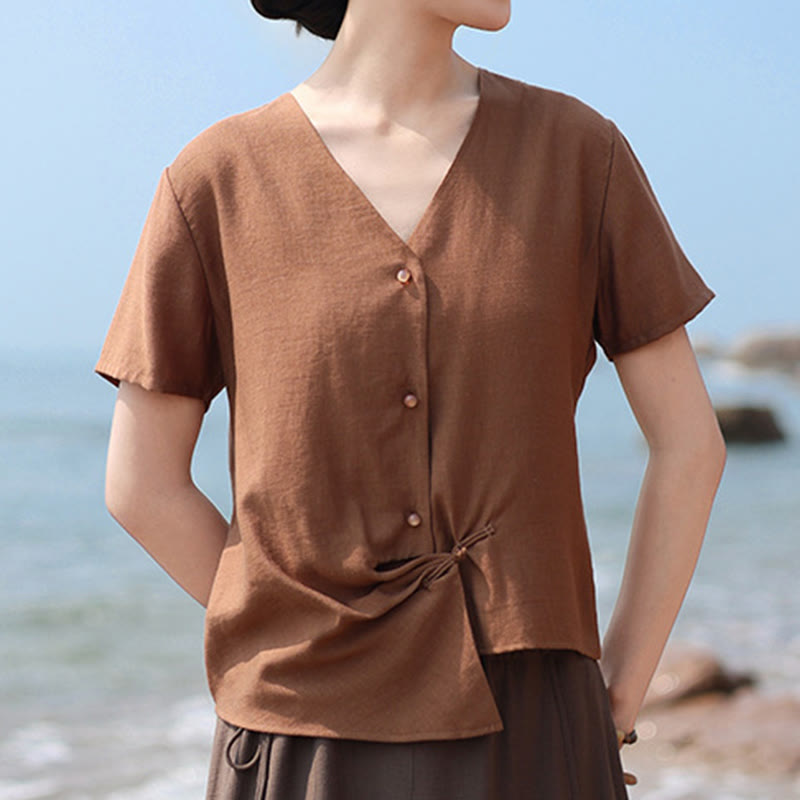 Camicia da donna a maniche corte in cotone e lino con scollo a V, motivo irregolare con bottoni Buddha Stones - image 2
