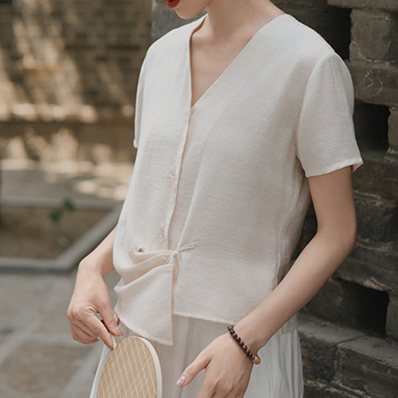 Camicia da donna a maniche corte in cotone e lino con scollo a V, motivo irregolare con bottoni Buddha Stones - FlorealeBianco - US8-10, UK/AU12-14, EU40-42 (2XL) - image 10