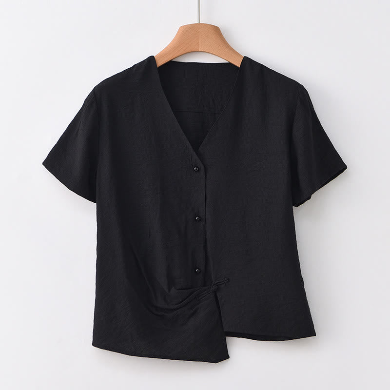 Camicia da donna a maniche corte in cotone e lino con scollo a V, motivo irregolare con bottoni Buddha Stones - Nero - US8-10, UK/AU12-14, EU40-42 (2XL) - image 19
