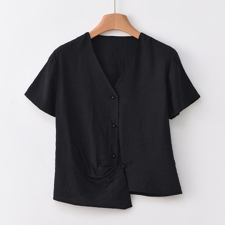Camicia da donna a maniche corte in cotone e lino con scollo a V, motivo irregolare con bottoni Buddha Stones - Nero - US8-10, UK/AU12-14, EU40-42 (2XL) - image 19