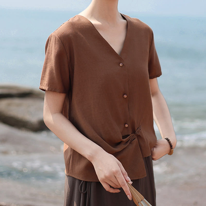 Camicia da donna a maniche corte in cotone e lino con scollo a V, motivo irregolare con bottoni Buddha Stones - image 5