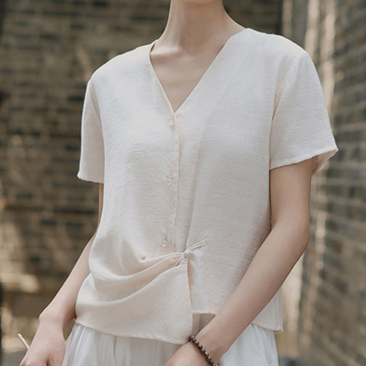 Camicia da donna a maniche corte in cotone e lino con scollo a V, motivo irregolare con bottoni Buddha Stones - image 17