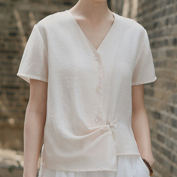 Camicia da donna a maniche corte in cotone e lino con scollo a V, motivo irregolare con bottoni Buddha Stones - image 13