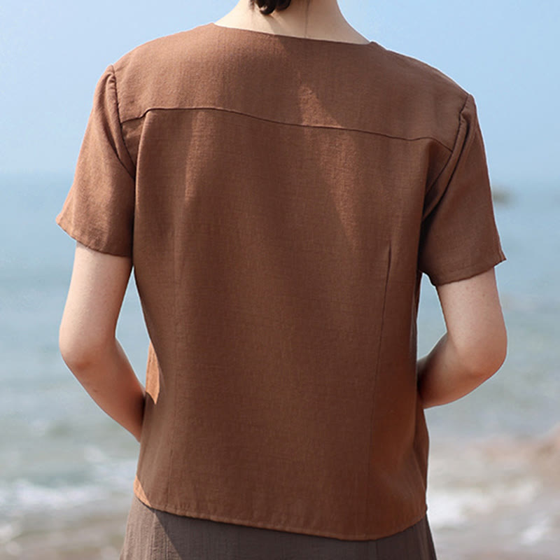 Camicia da donna a maniche corte in cotone e lino con scollo a V, motivo irregolare con bottoni Buddha Stones - image 4