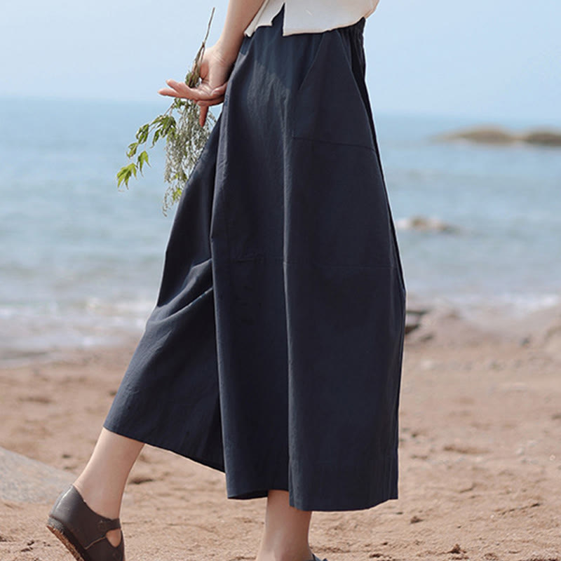 Buddha Stones Pantaloni Capri a gamba larga, cropped, casual, in cotone tinta unita, a vita alta, con tasche, da donna - image 6