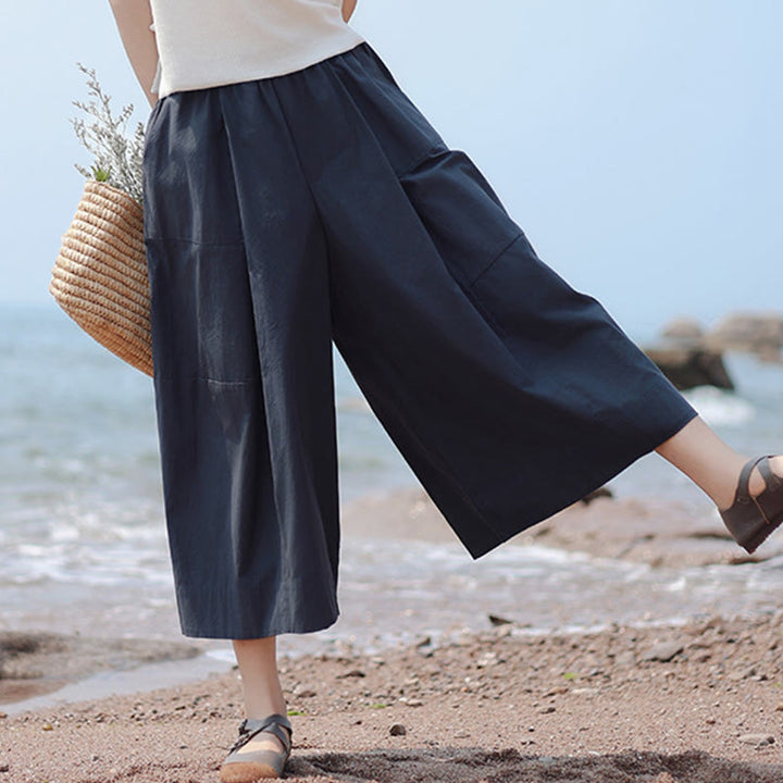 Buddha Stones Pantaloni Capri a gamba larga, cropped, casual, in cotone tinta unita, a vita alta, con tasche, da donna - Blu notte - US8-10, UK/AU12-14, EU40-42 (2XL) - image 0