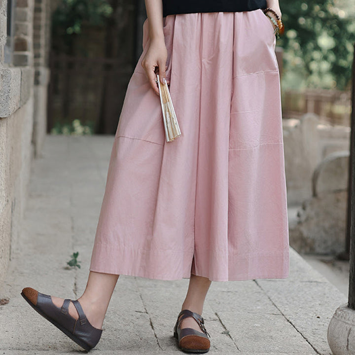 Buddha Stones Pantaloni Capri a gamba larga, cropped, casual, in cotone tinta unita, a vita alta, con tasche, da donna - image 8