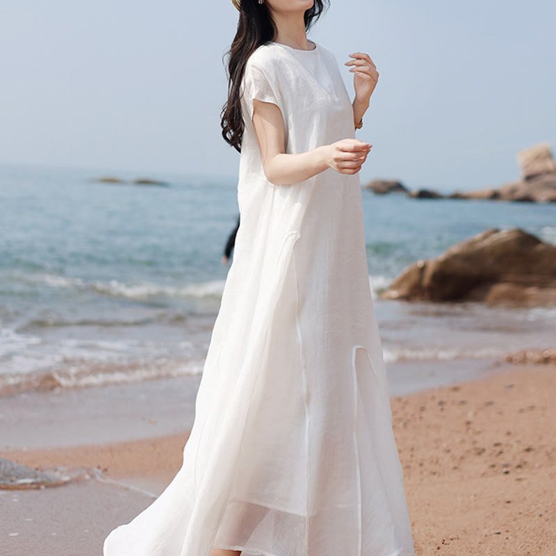 Buddha Stones Abito lungo in cotone e lino con maniche corte e orlo irregolare semplice - image 15