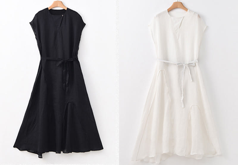 Buddha Stones Abito lungo in cotone e lino con maniche corte e orlo irregolare semplice - image 22