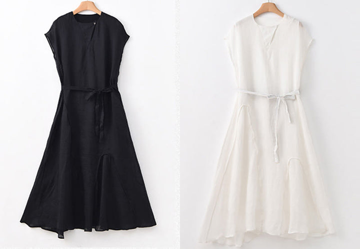 Buddha Stones Abito lungo in cotone e lino con maniche corte e orlo irregolare semplice - image 22