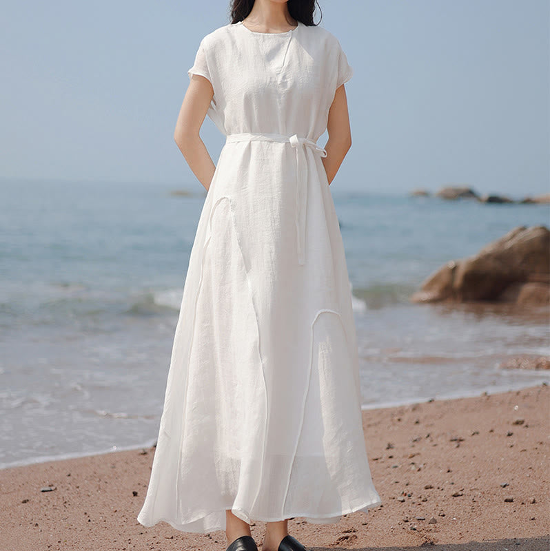 Buddha Stones Abito lungo in cotone e lino con maniche corte e orlo irregolare semplice - image 14