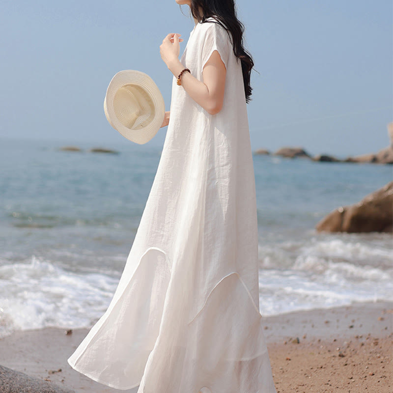 Buddha Stones Abito lungo in cotone e lino con maniche corte e orlo irregolare semplice - image 20