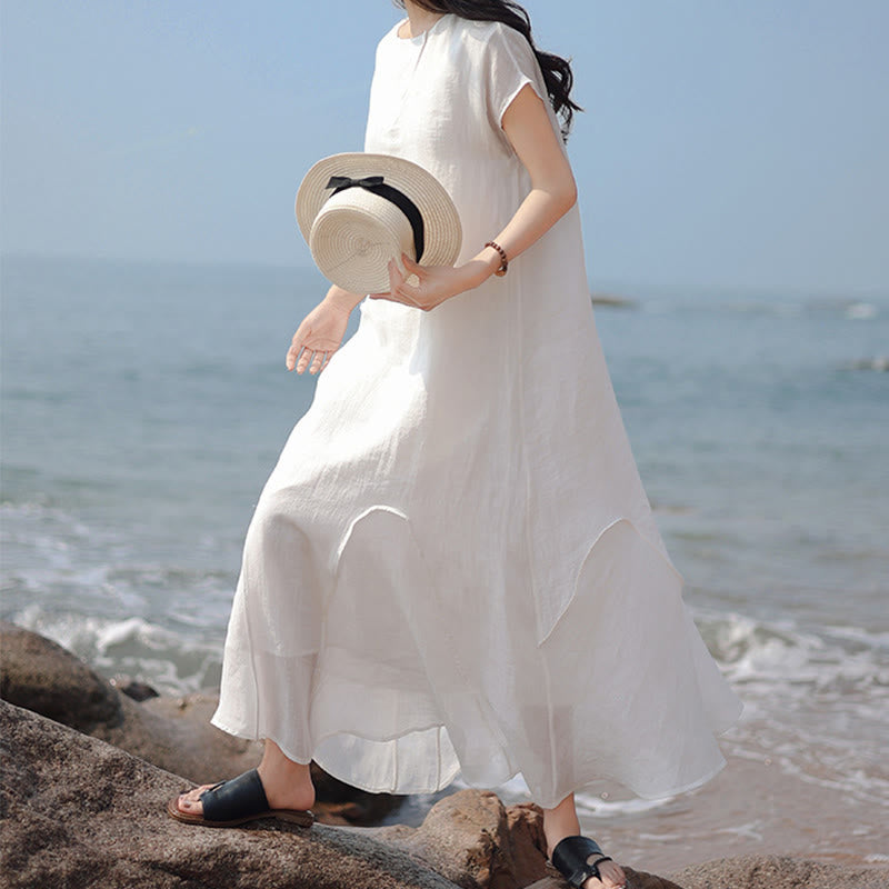 Buddha Stones Abito lungo in cotone e lino con maniche corte e orlo irregolare semplice - image 13