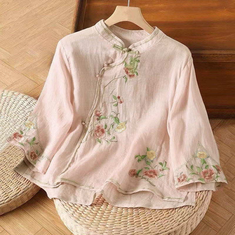 Buddha Stones da donna in cotone e lino con scollo a giro, casual, vintage, con ricamo a fiori, motivo cinese a rana e bottoni - Rosa chiaro - US12, UK/AU16, EU44 (3XL) - image 7
