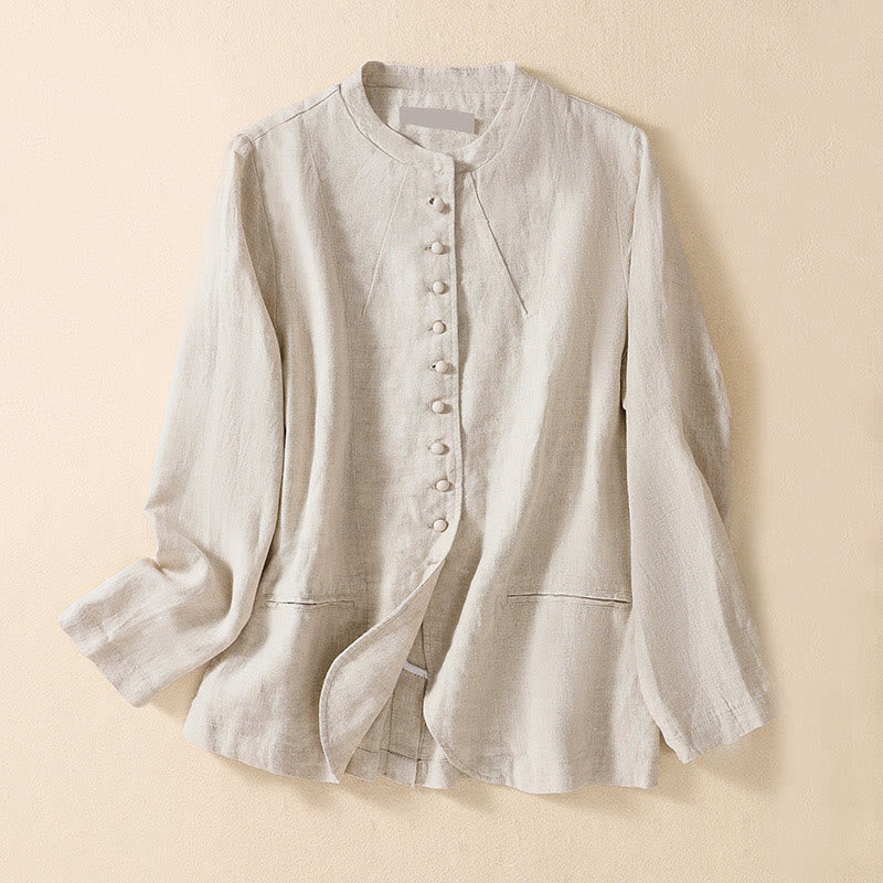 Camicia da donna a maniche lunghe con colletto alla coreana e tasche Buddha Stones - Beige - US8-10, UK/AU12-14, EU40-42 (2XL) - image 0