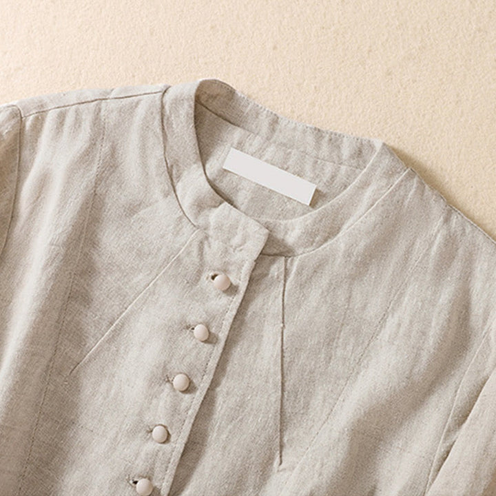 Camicia da donna a maniche lunghe con colletto rialzato in cotone e lino Buddha Stones tasche - image 7