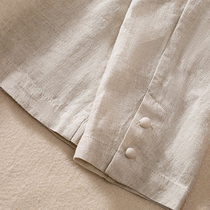 Camicia da donna a maniche lunghe con colletto rialzato in cotone e lino Buddha Stones tasche - image 11