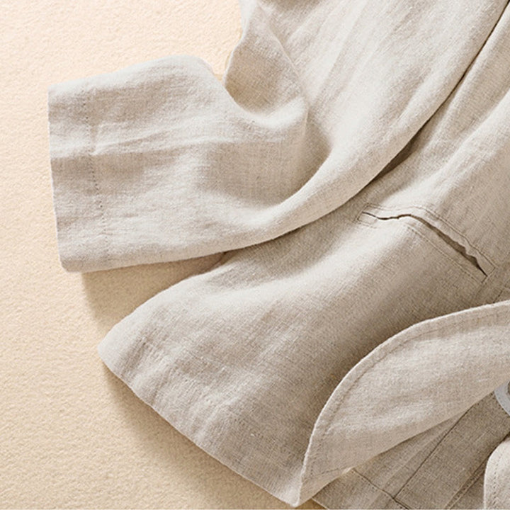 Camicia da donna a maniche lunghe con colletto rialzato in cotone e lino Buddha Stones tasche - image 8