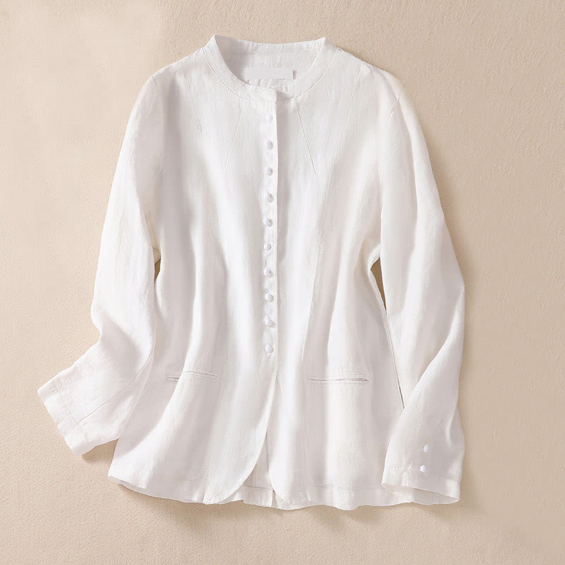 Camicia da donna a maniche lunghe con colletto rialzato in cotone e lino Buddha Stones tasche - Bianco - US8-10, UK/AU12-14, EU40-42 (2XL) - image 13