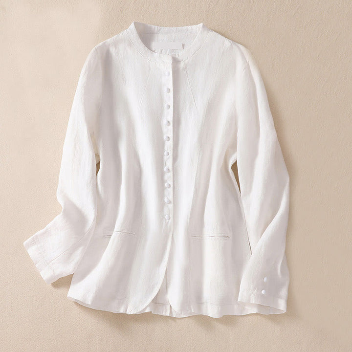 Camicia da donna a maniche lunghe con colletto rialzato in cotone e lino Buddha Stones tasche - Bianco - US8-10, UK/AU12-14, EU40-42 (2XL) - image 13