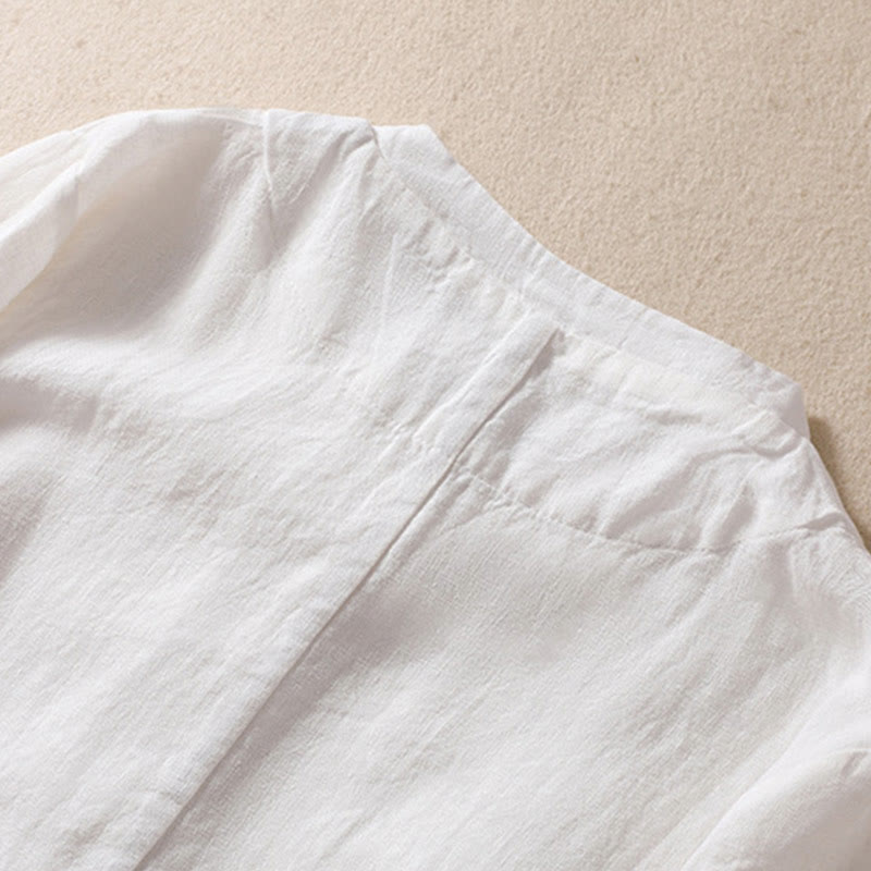 Camicia da donna a maniche lunghe con colletto rialzato in cotone e lino Buddha Stones tasche - image 15