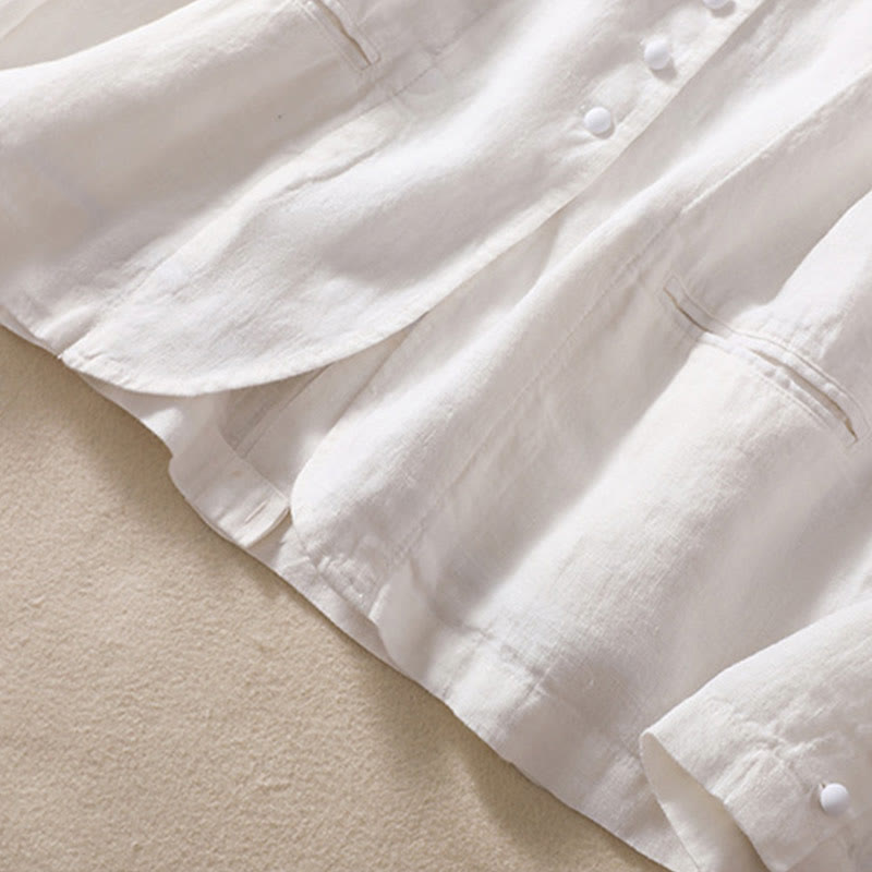 Camicia da donna a maniche lunghe con colletto rialzato in cotone e lino Buddha Stones tasche - image 19