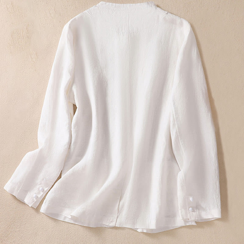 Camicia da donna a maniche lunghe con colletto rialzato in cotone e lino Buddha Stones tasche - image 14