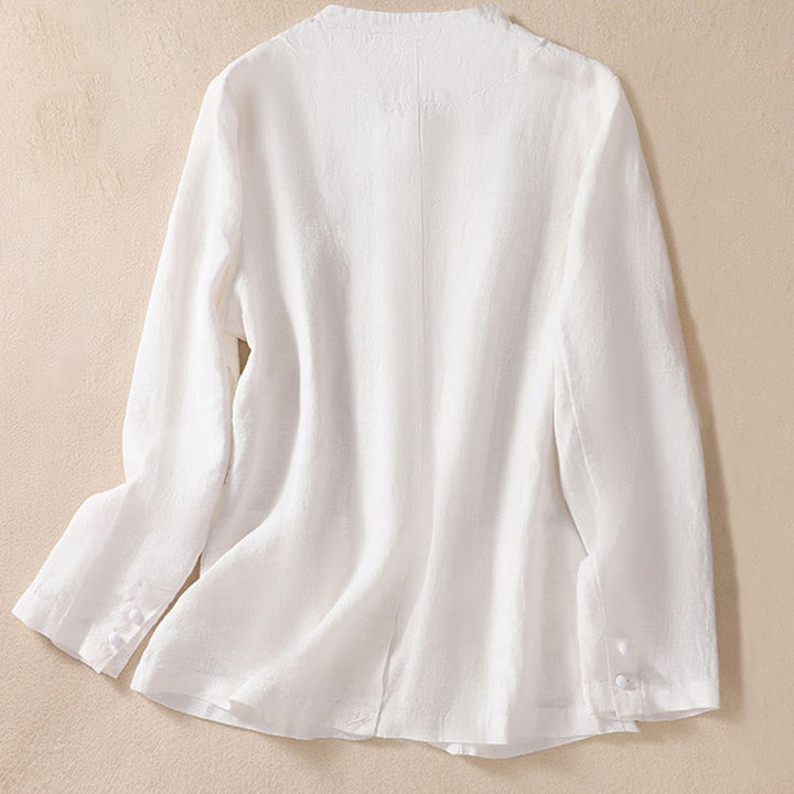 Camicia da donna a maniche lunghe con colletto rialzato in cotone e lino Buddha Stones tasche - image 14