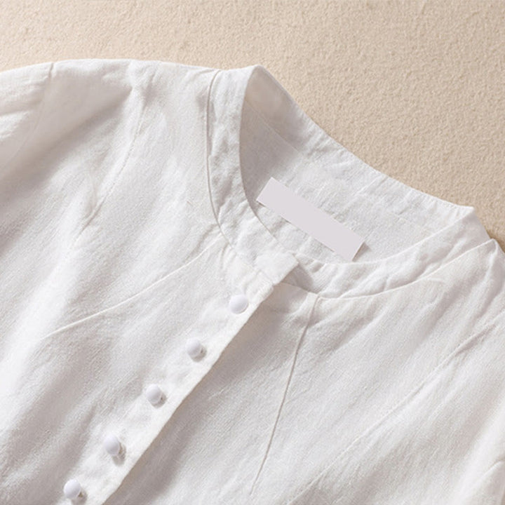 Camicia da donna a maniche lunghe con colletto rialzato in cotone e lino Buddha Stones tasche - image 20