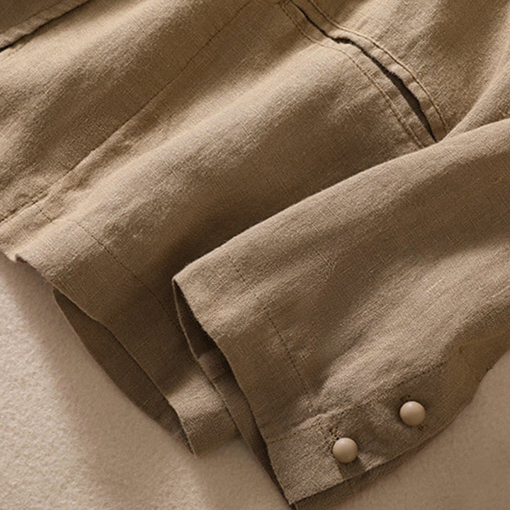 Camicia da donna a maniche lunghe con colletto rialzato in cotone e lino Buddha Stones tasche - image 29