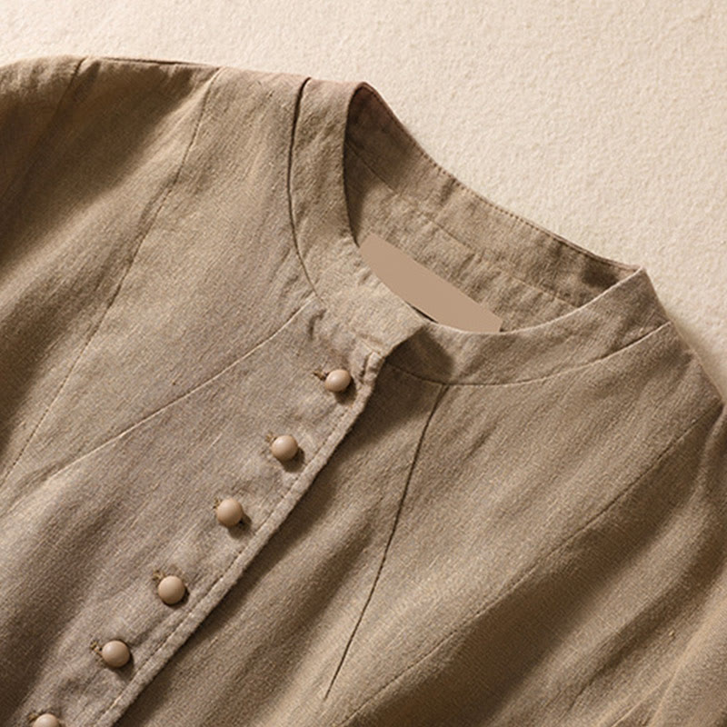 Camicia da donna a maniche lunghe con colletto rialzato in cotone e lino Buddha Stones tasche - image 28