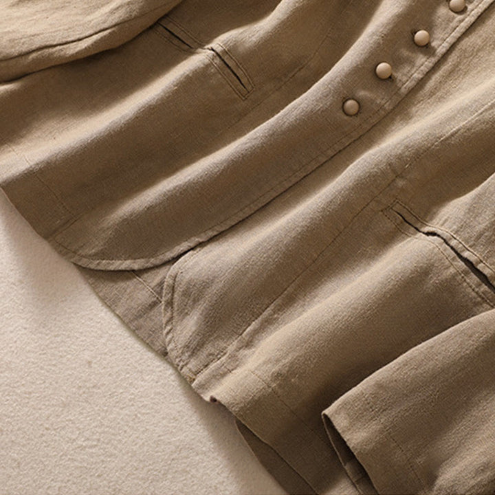 Camicia da donna a maniche lunghe con colletto rialzato in cotone e lino Buddha Stones tasche - image 26