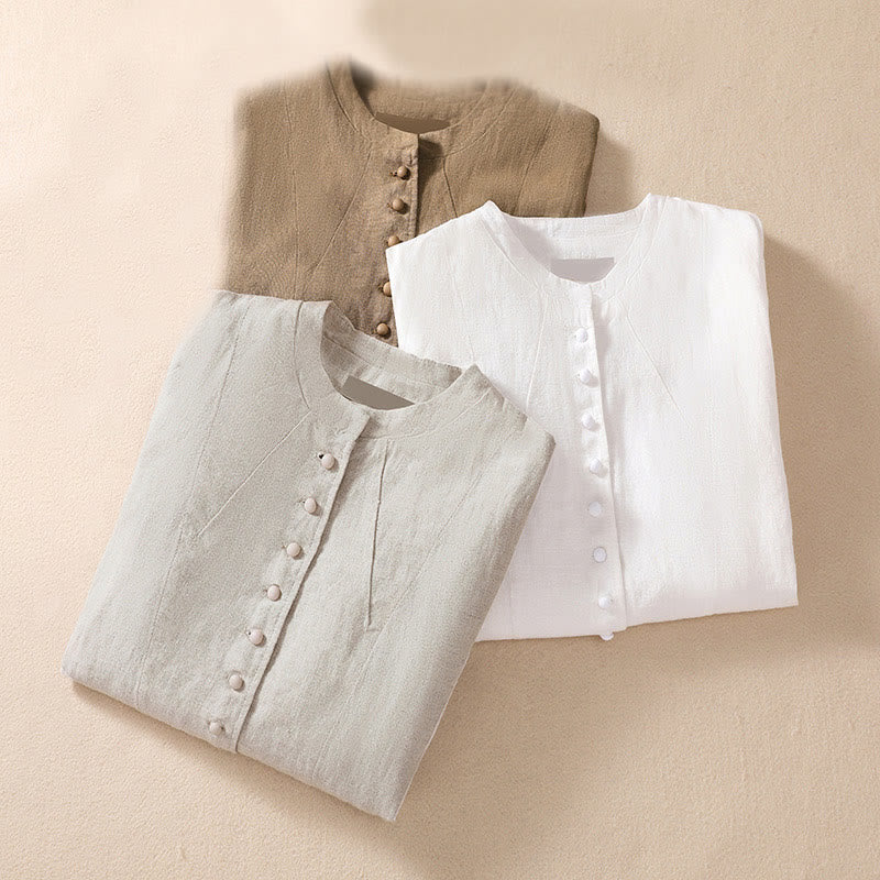 Camicia da donna a maniche lunghe con colletto rialzato in cotone e lino Buddha Stones tasche - image 31