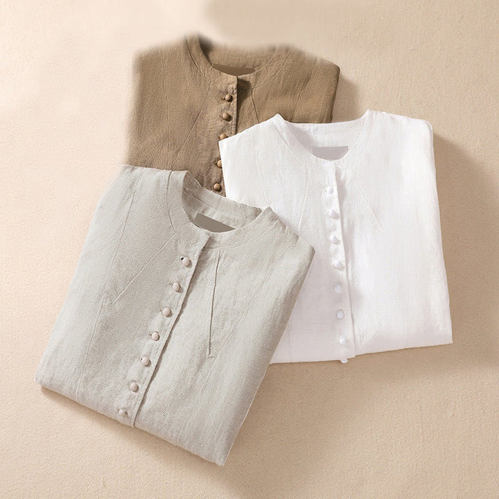 Camicia da donna a maniche lunghe con colletto rialzato in cotone e lino Buddha Stones tasche - image 31