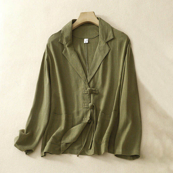 Buddha Stones Giacca da donna in cotone e lino con bottoni a rana e maniche lunghe e tasche - Oliva - US12, UK/AU16, EU44 (2XL) - image 5