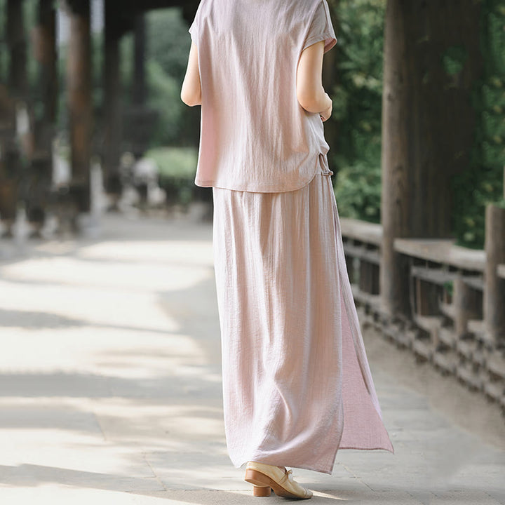 Buddha Stones Set da donna in cotone per meditazione, 2 pezzi, con bottoni, camicia a maniche corte, gonna e tasche - image 5