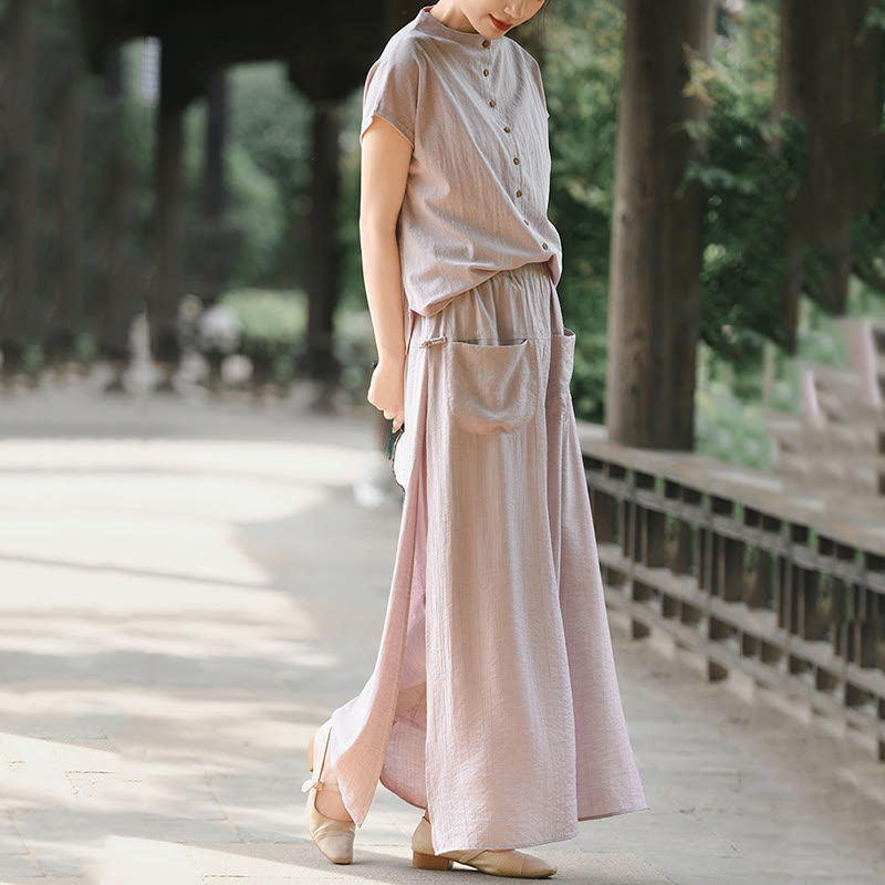 Buddha Stones Set da donna in cotone per meditazione, 2 pezzi, con bottoni, camicia a maniche corte, gonna e tasche - image 6