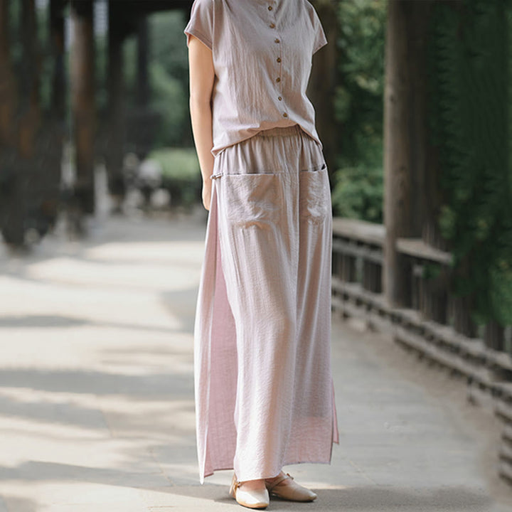 Buddha Stones Set da donna in cotone per meditazione, 2 pezzi, con bottoni, camicia a maniche corte, gonna e tasche - image 3